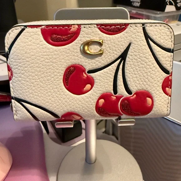 Essential Small Zip-Around Cherry-Print Leather Card Case Wallet - Picture 1 of 6